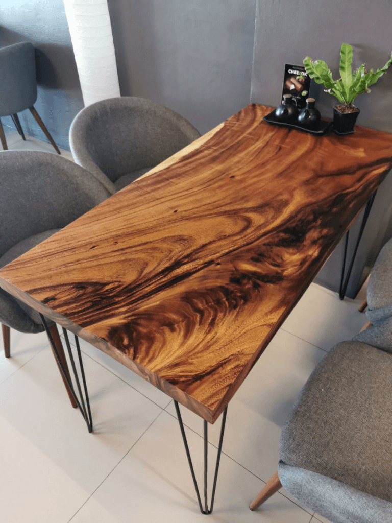 wood slab table with steel hairpin legs